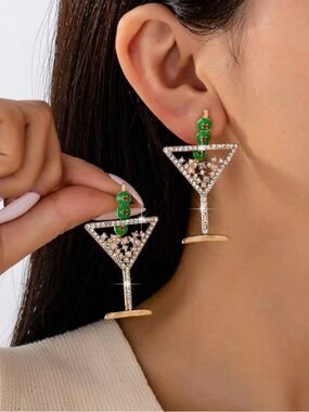 Crystal Martini Glass Dangle Earrings with Green Olive Accents